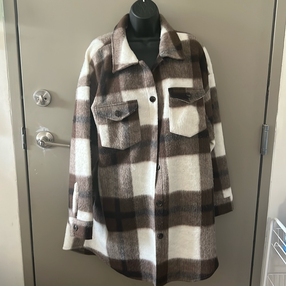 Preowned Marled Plaid Pattern Flat Pocket Brown and Cream Women's Jacket Size XL